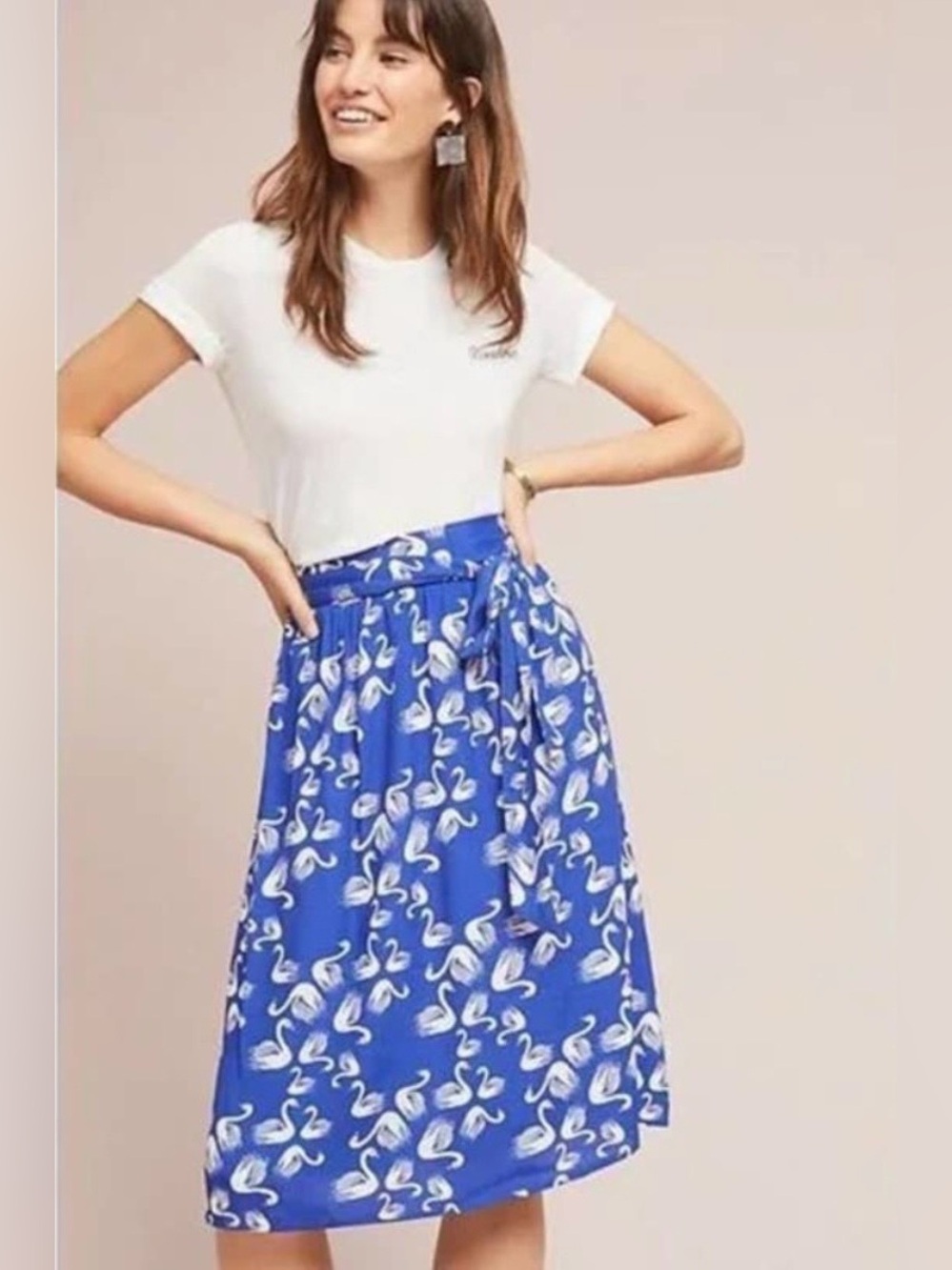 Anthropologie Pottidge Getaway Blue Swan Print Midi Skirt with Tie Waist